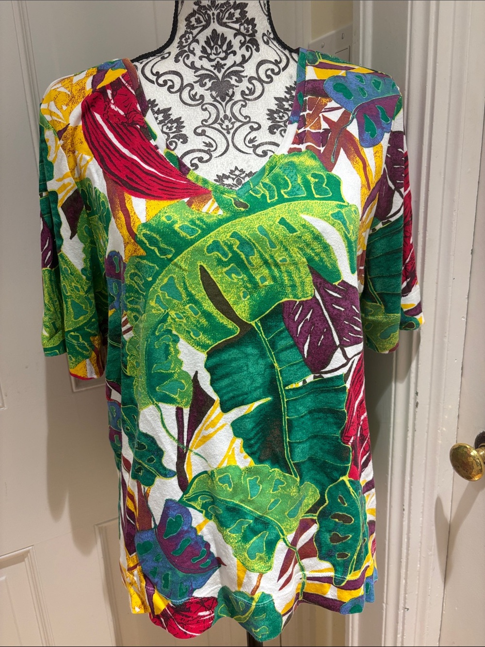 Chicos Tropical Leaf Print Short Sleeve Top - Multicolor Green Sz 3 XL